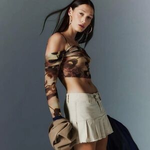 Urban Outfitters Silence + Noise Bella Brown Off Shoulder Mesh Crop Top 90s Y2K